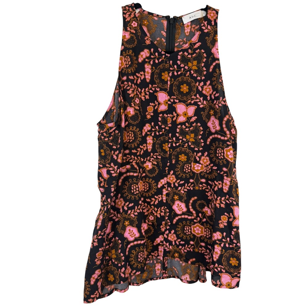 A.L.C. Women Black Pink Floral Paisley 100% Silk Sleeveless Blouse Top Size 4